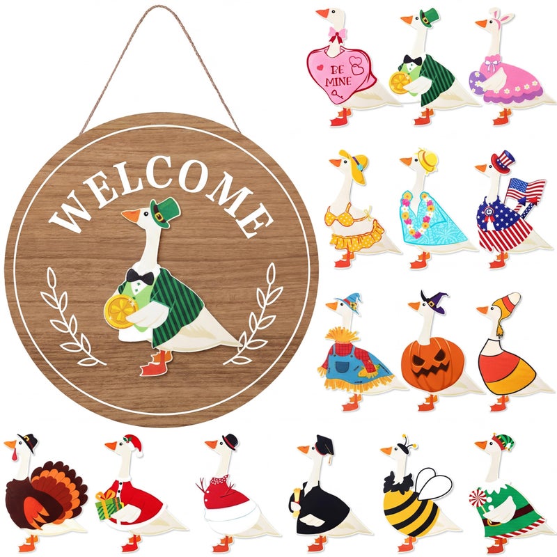 Memorywuu 16 Pcs Valentine's Day Interchangeable Welcome Sign 12 Inch Holiday Seasonal Wooden Sign Goose Welcome Tag with Wooden Holiday Magnet Goose Pieces for Front Door Porch Wall Decor(Burlywood) - Image 1