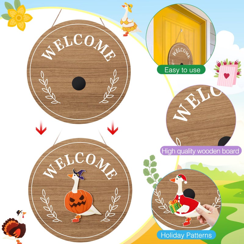 Memorywuu 16 Pcs Valentine's Day Interchangeable Welcome Sign 12 Inch Holiday Seasonal Wooden Sign Goose Welcome Tag with Wooden Holiday Magnet Goose Pieces for Front Door Porch Wall Decor(Burlywood) - Image 3