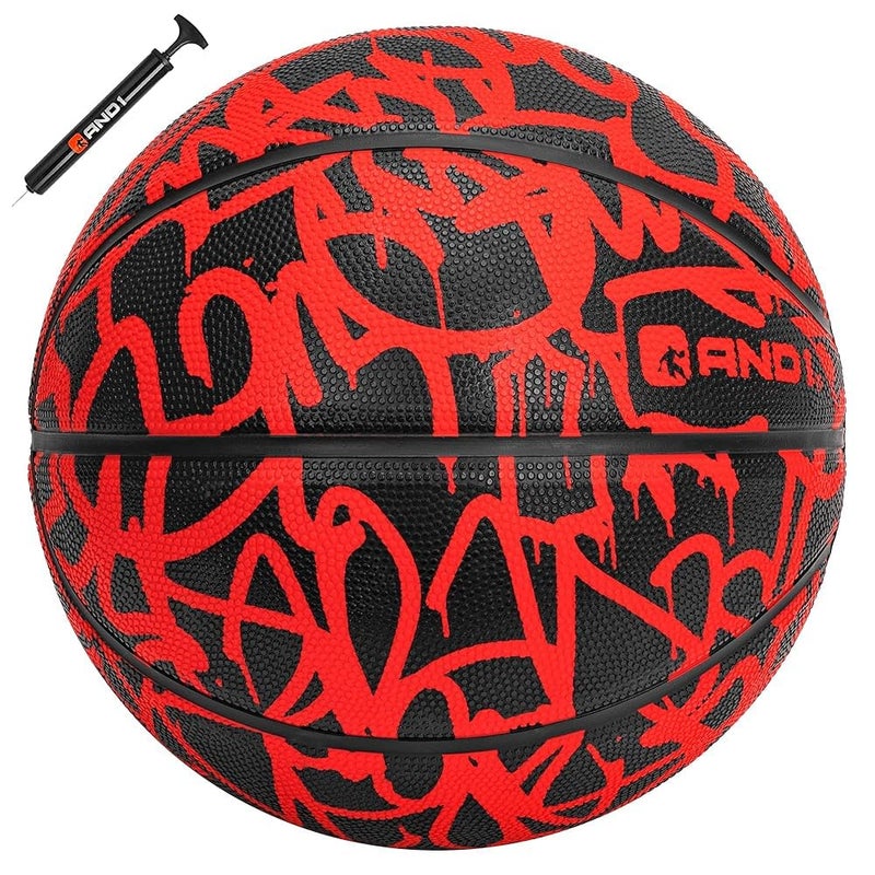 AND1 Fantom Rubber Basketball & Pump (Graffiti Series)- Official Size 7 (29.5”) Streetball, Made for Indoor and Outdoor Basketball Games (Red) - Image 1
