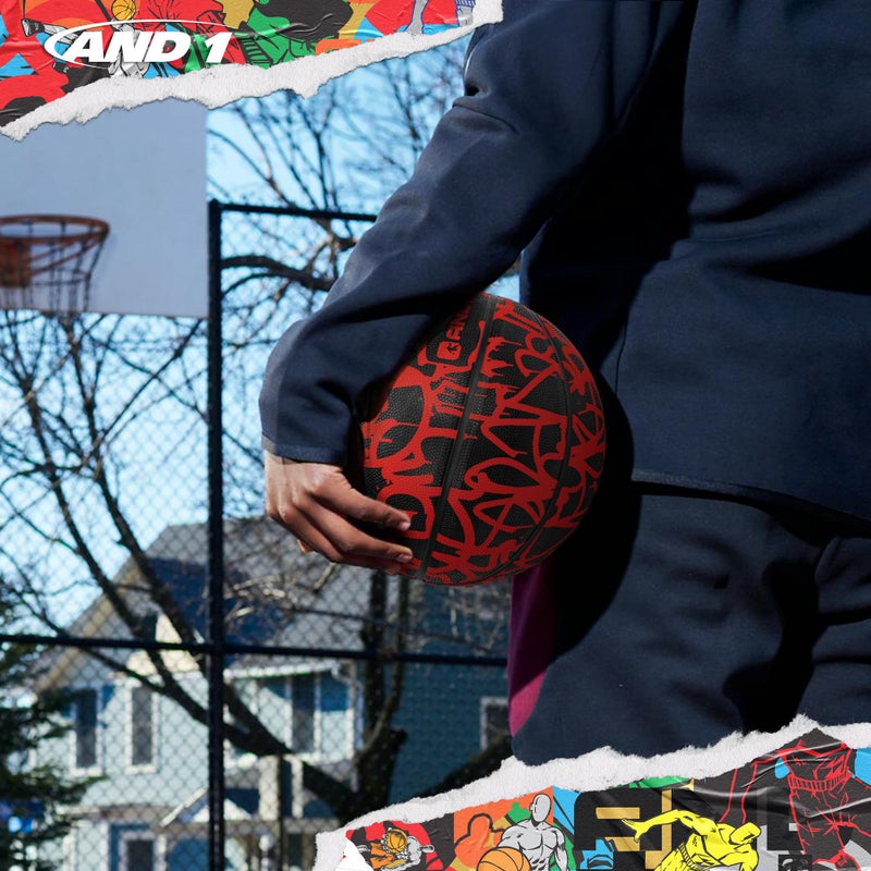 AND1 Fantom Rubber Basketball & Pump (Graffiti Series)- Official Size 7 (29.5”) Streetball, Made for Indoor and Outdoor Basketball Games (Red) - Image 5