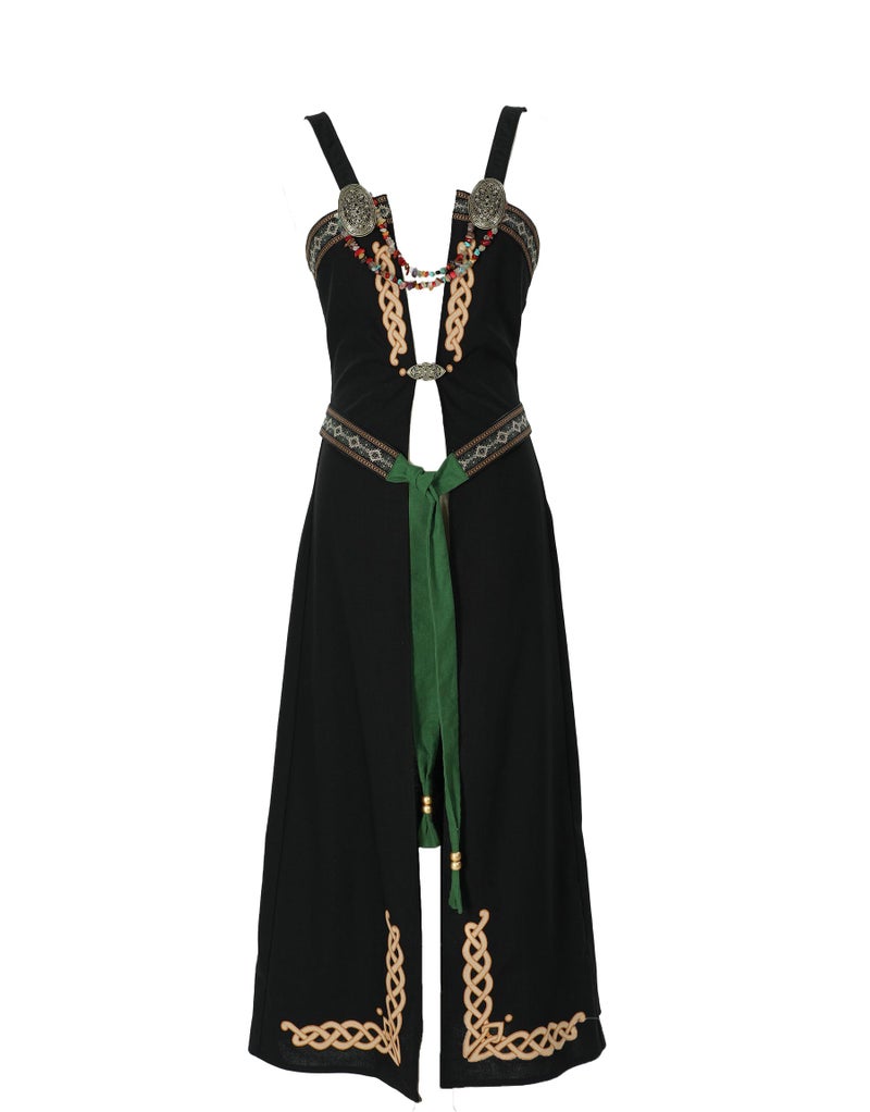 miccostumes Women's Viking Apron Retro Dress Medieval Costume Linen Blend Overdress Brooch With Belt (Black, 3XL) - Image 1