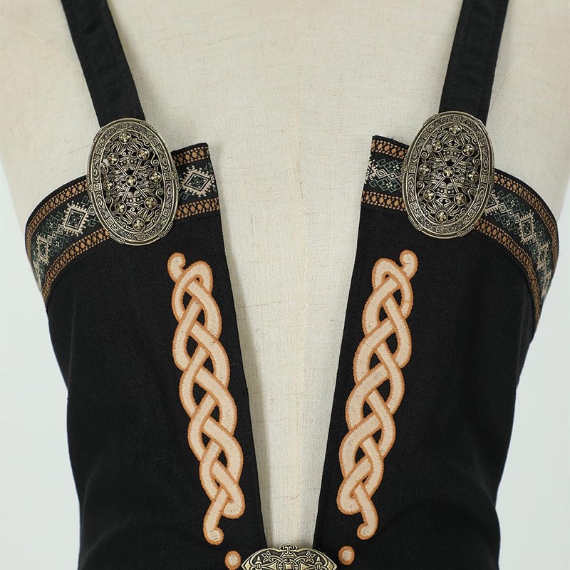 miccostumes Women's Viking Apron Retro Dress Medieval Costume Linen Blend Overdress Brooch With Belt (Black, 3XL) - Image 4