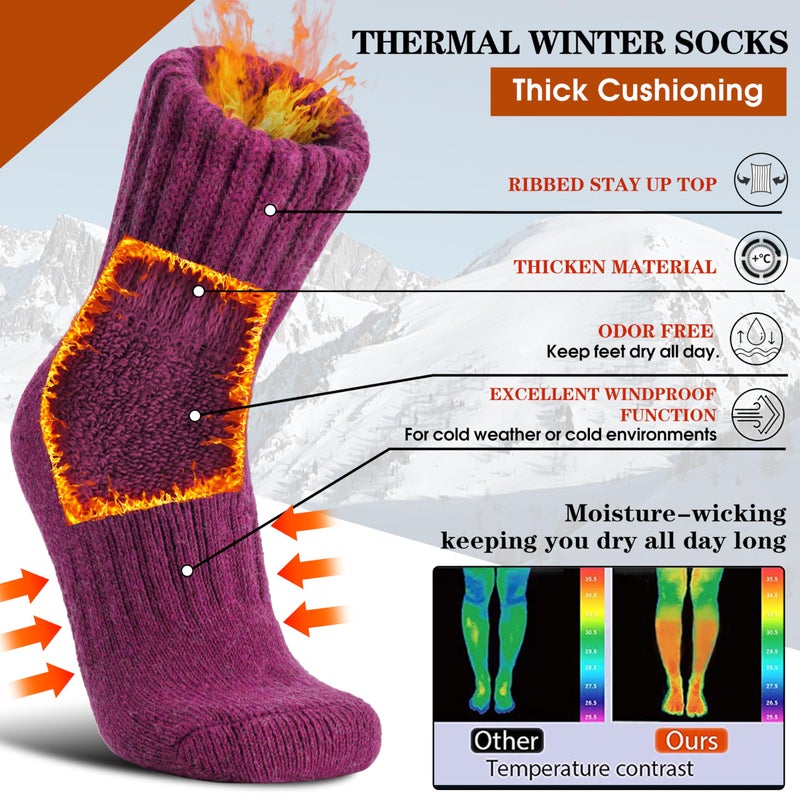 Sandsuced Merino Wool Thermal Boot Socks for Men Women Winter Warm Thick Cozy Hiking Christmas Stocking Stuffers Socks 3 Pairs(Rose Red/Light Purple/Dark Purple,L) - Image 3
