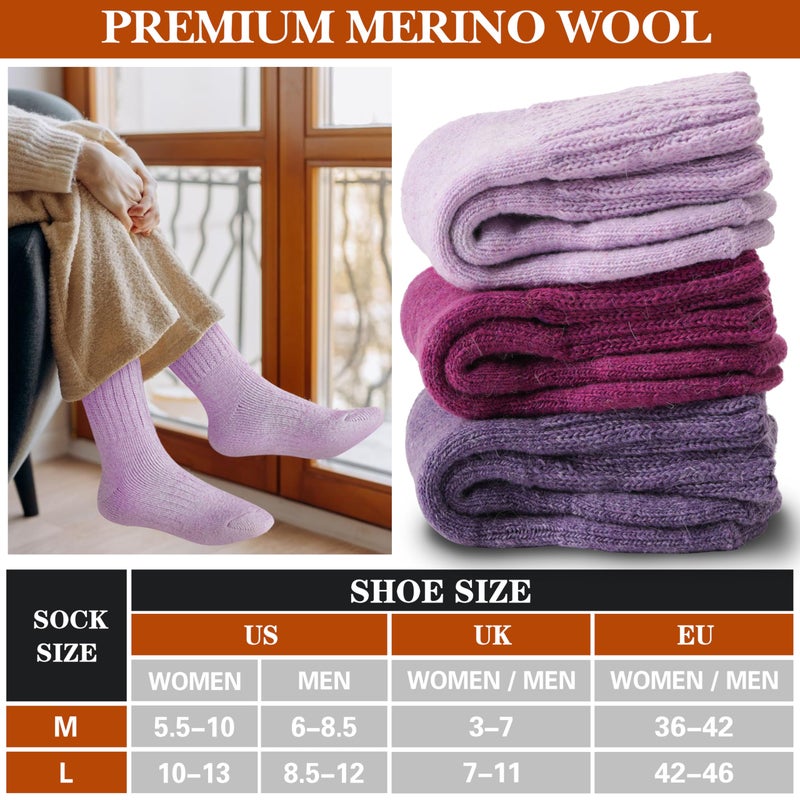 Sandsuced Merino Wool Thermal Boot Socks for Men Women Winter Warm Thick Cozy Hiking Christmas Stocking Stuffers Socks 3 Pairs(Rose Red/Light Purple/Dark Purple,L) - Image 5