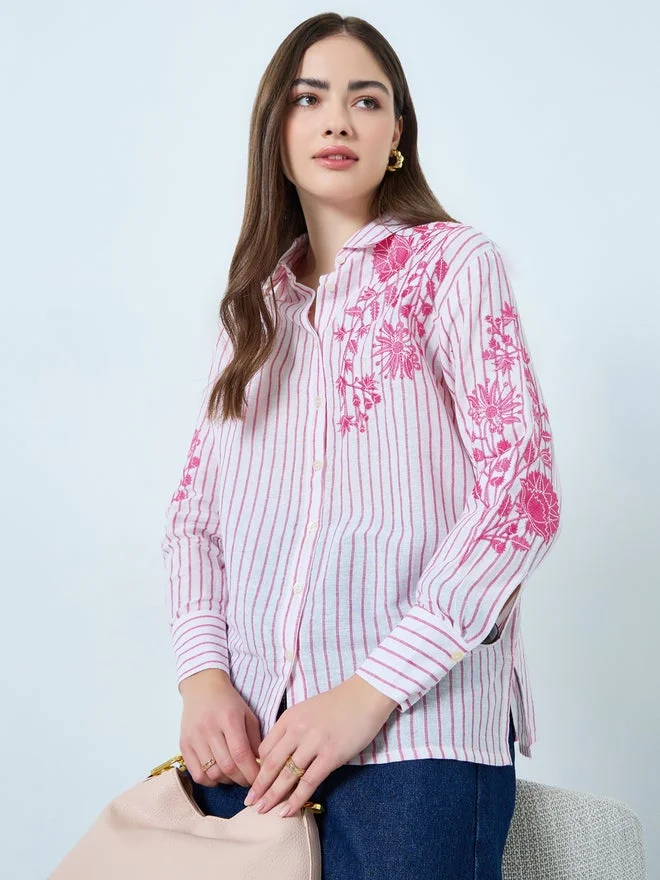ستايلي Styli Floral Embroidered Stripe Long Sleeve Shirt