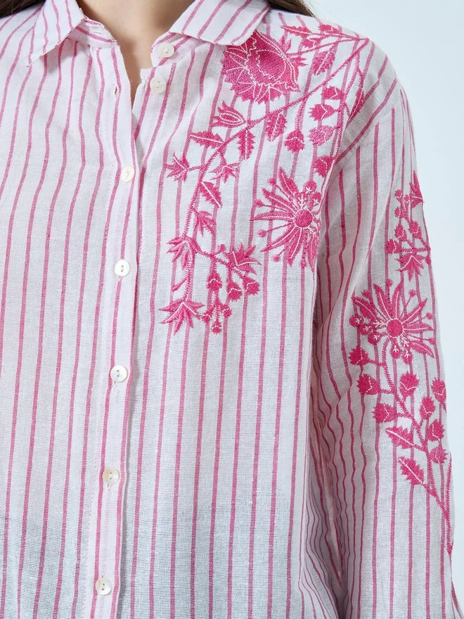 Styli  Styli Floral Embroidered Stripe Long Sleeve Shirt  | Best Price UAE