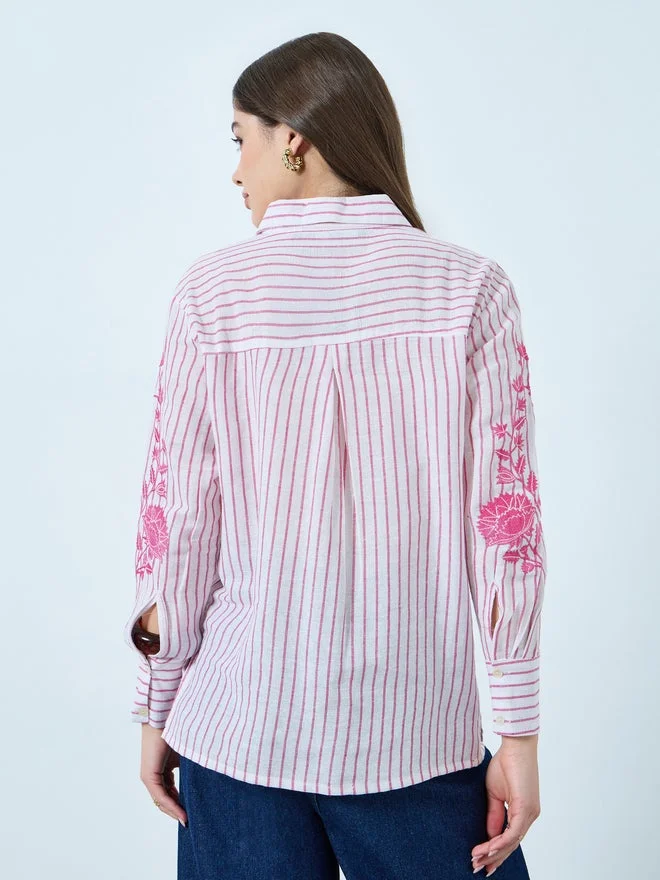 Styli  Styli Floral Embroidered Stripe Long Sleeve Shirt  | Best Price UAE