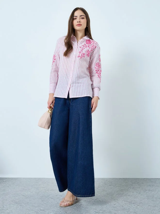 ستايلي Styli Floral Embroidered Stripe Long Sleeve Shirt