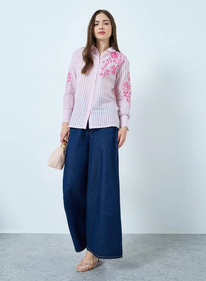 Styli Floral Embroidered Stripe Long Sleeve Shirt