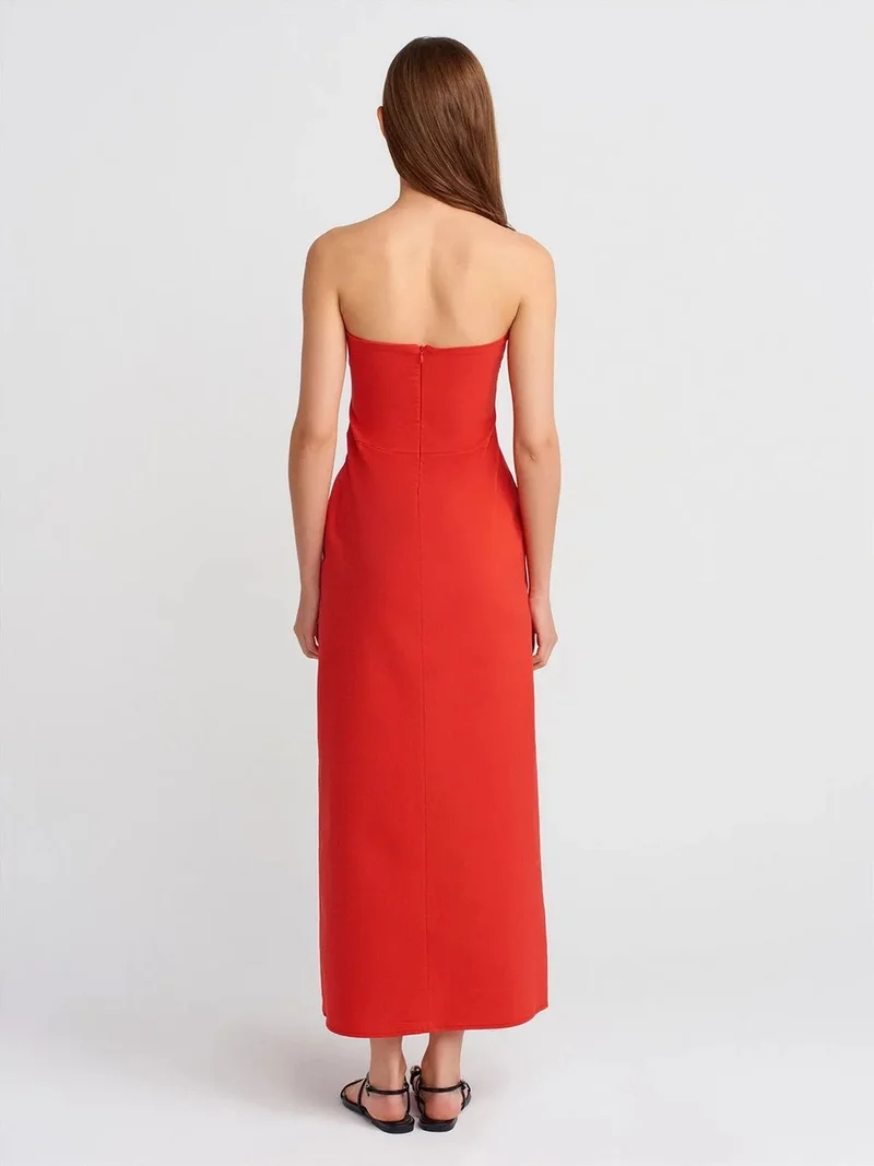 ديلفين DILVIN Strapless Fitted Midi Dress With Slit