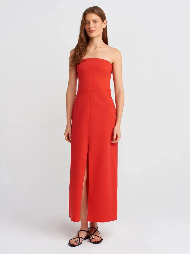 ديلفين DILVIN Strapless Fitted Midi Dress With Slit