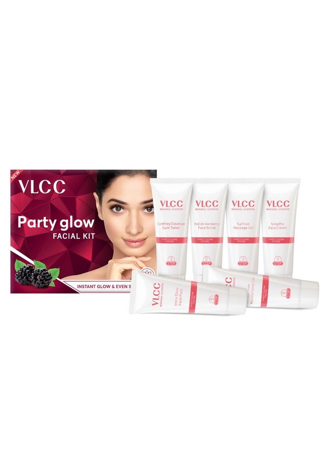 VLCC - VLCC Party Glow Facial Kit - Single Use | Salon Like Facial at Home in Just 6-Steps | Includes Cleanser, Scrub, Cream, Face Pack & Moisturizing Gels | 2.12 Oz/60g - Image 1