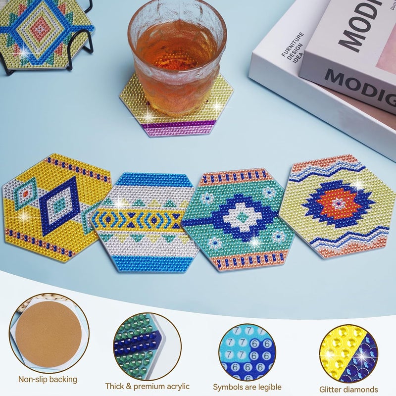 Vcekract Diamond Painting Coasters Kits, 6 Pieces Hexagon Diamond Painting Coasters with Holder, DIY Diamond Art for Adults, Diamond Painting Kit for Beginners - Image 2