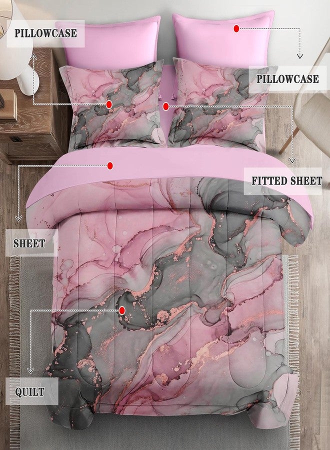 Nesphy Gray Pink Marble 7 Pcs Comforter Set Queen Size, Natural Luxury Golden Abstract Soft Bedding Set with Flat Sheet and Fitted Sheet Pillowcases & Sham for Adults Bedroom Bed Decor - Image 2