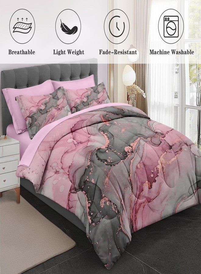 Nesphy Gray Pink Marble 7 Pcs Comforter Set Queen Size, Natural Luxury Golden Abstract Soft Bedding Set with Flat Sheet and Fitted Sheet Pillowcases & Sham for Adults Bedroom Bed Decor - Image 3