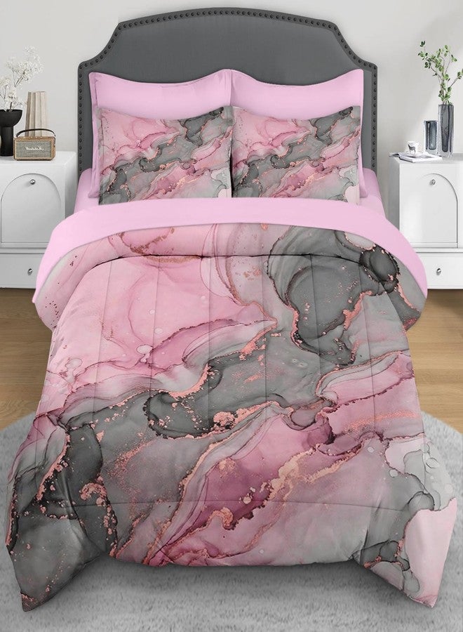 Nesphy Gray Pink Marble 7 Pcs Comforter Set Queen Size, Natural Luxury Golden Abstract Soft Bedding Set with Flat Sheet and Fitted Sheet Pillowcases & Sham for Adults Bedroom Bed Decor - Image 1