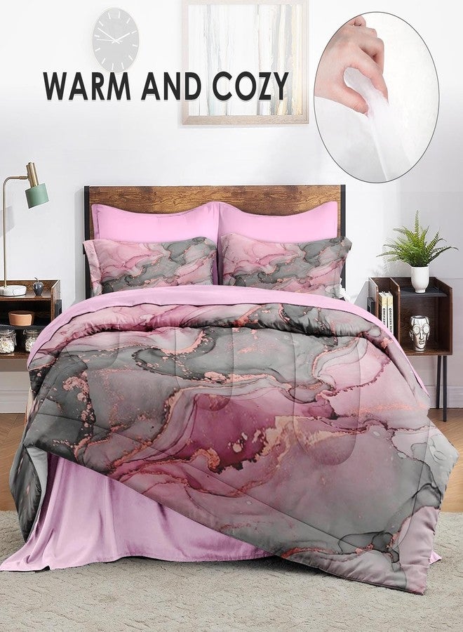 Nesphy Gray Pink Marble 7 Pcs Comforter Set Queen Size, Natural Luxury Golden Abstract Soft Bedding Set with Flat Sheet and Fitted Sheet Pillowcases & Sham for Adults Bedroom Bed Decor - Image 5