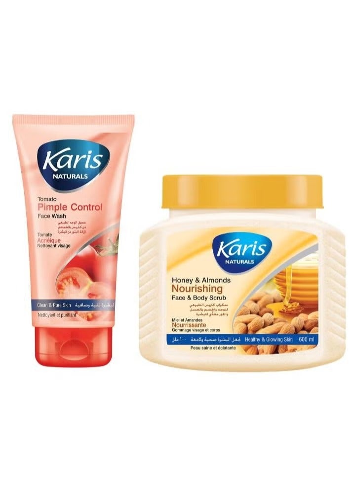 KARIS Set of 2 Karis Pimple Control Face Wash ,Tomato , 150ml plus Karis Honey & Almonds Nourishing Face & Body Scrub 600Ml - Image 1