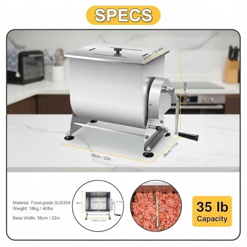 Wutfly Manual Tilting Meat Mixer, 35 lb / 6 Gallon Capacity, Stainless Steel Sausage Stuffer for Burger, Sausage & Jerky, with Removable Paddle & Non-Slip Feet, Countertop Food Processor - Image 3
