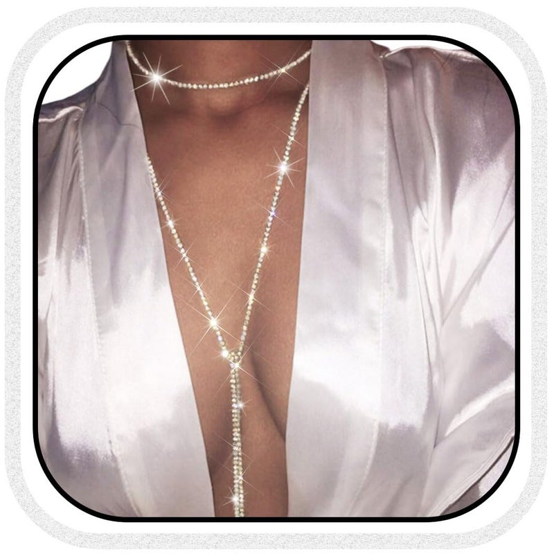 Nicute Rhinestone Long Necklace Sparkly Crystal Choker Necklaces Sexy Necklace Jewelry for Women (Silver)