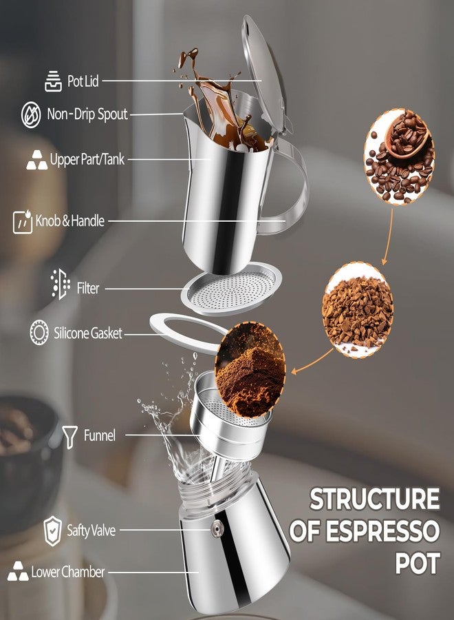 Mogrecha Uncoated 2 Cup Moka Pot 304 Thickened Stainless Steel Coffee Maker Stovetop Espresso Coffeemaker Italian Classic Style Brewing Greca Cafe Mocha Machine for Cafeteras Camping Travel Home 100ml 3.3oz - Image 4