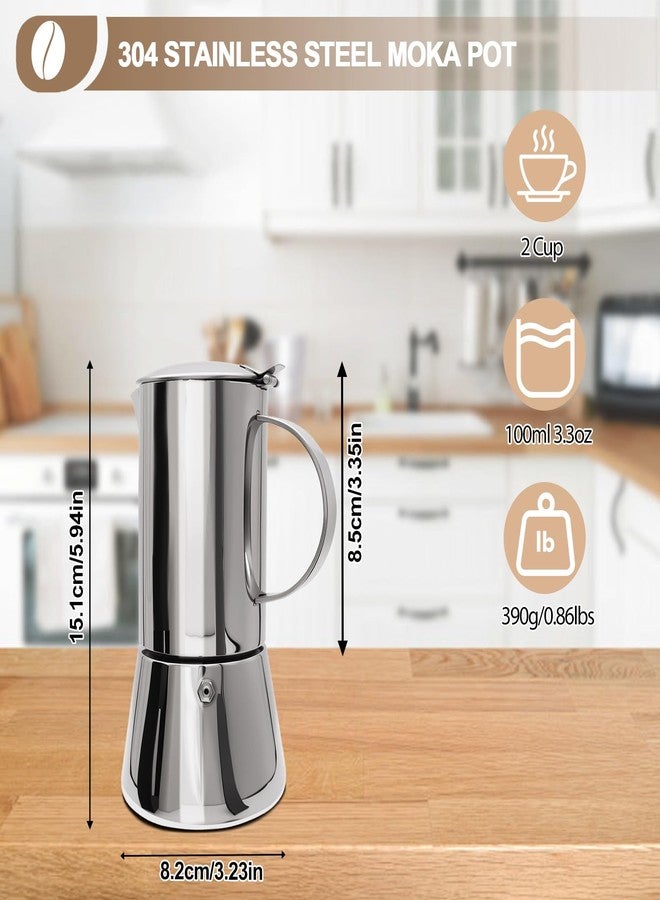 Mogrecha Uncoated 2 Cup Moka Pot 304 Thickened Stainless Steel Coffee Maker Stovetop Espresso Coffeemaker Italian Classic Style Brewing Greca Cafe Mocha Machine for Cafeteras Camping Travel Home 100ml 3.3oz - Image 2