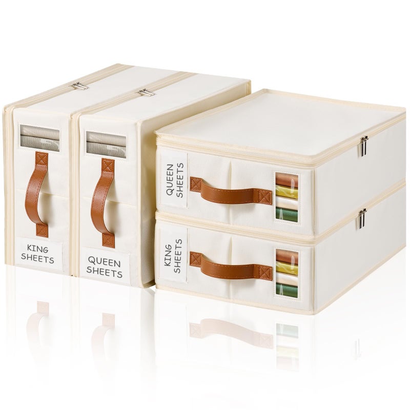 KitHero Bed Sheet Organizer 4 Pack No Insects Entry Sheet Organizers and Storage with Zipper Label Handle Window Linen Closet Organizers and Storage for Sheet Set Clothing Duvet Covers Blanket