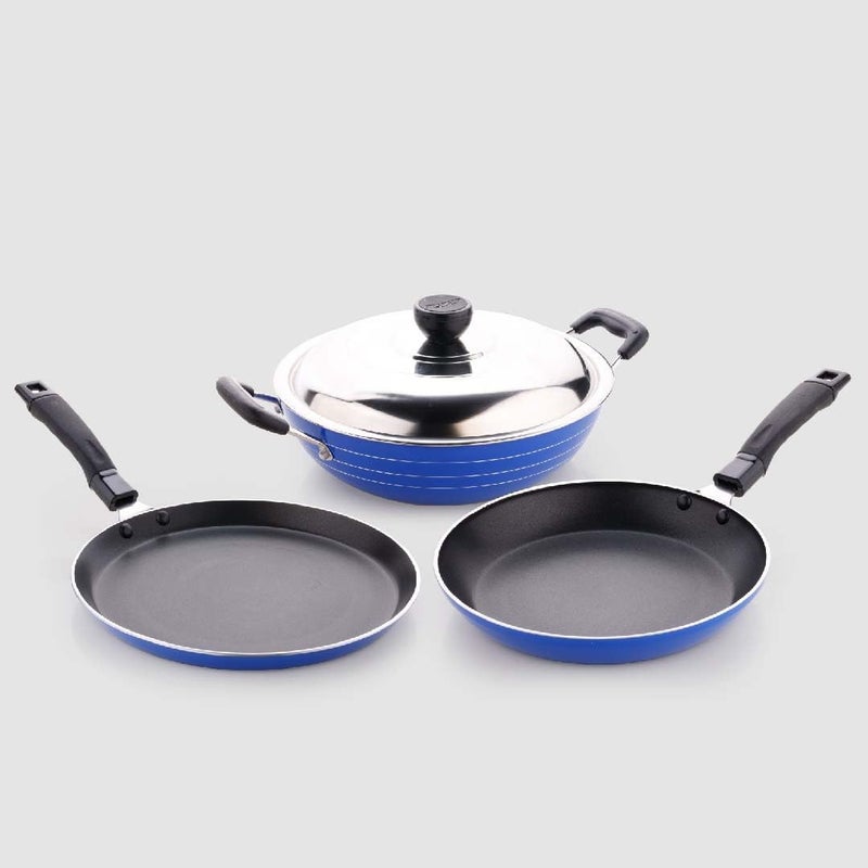 Crystal Induction Base Nonstick Cookware Set - 4-Pcs | Tawa 250 mm + Fry Pan 225 mm + Kadai 225 mm + Glass lid 225 mm | Thickness- 3mm - Image 3