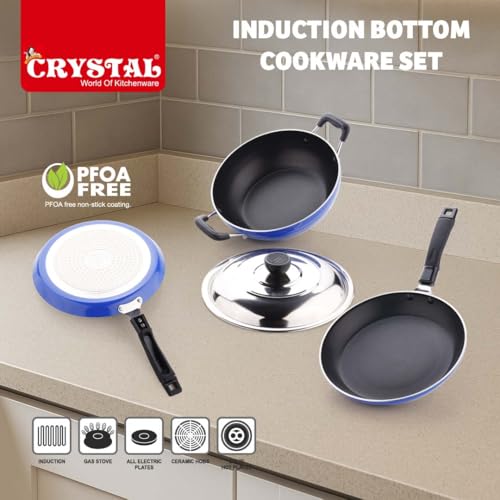 Crystal Induction Base Nonstick Cookware Set - 4-Pcs | Tawa 250 mm + Fry Pan 225 mm + Kadai 225 mm + Glass lid 225 mm | Thickness- 3mm - Image 2