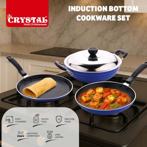 Crystal Induction Base Nonstick Cookware Set - 4-Pcs | Tawa 250 mm + Fry Pan 225 mm + Kadai 225 mm + Glass lid 225 mm | Thickness- 3mm - Image 4