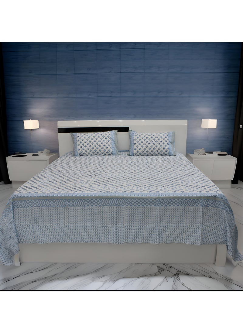 100% Cotton Jaipuri Handblock Print Double Bed Sheet with 2 Pillow Covers Premium Quality, Soft, Breathable, Skin-Friendly & Comfortable Bedding Set (POPLIN BLUE 1)
