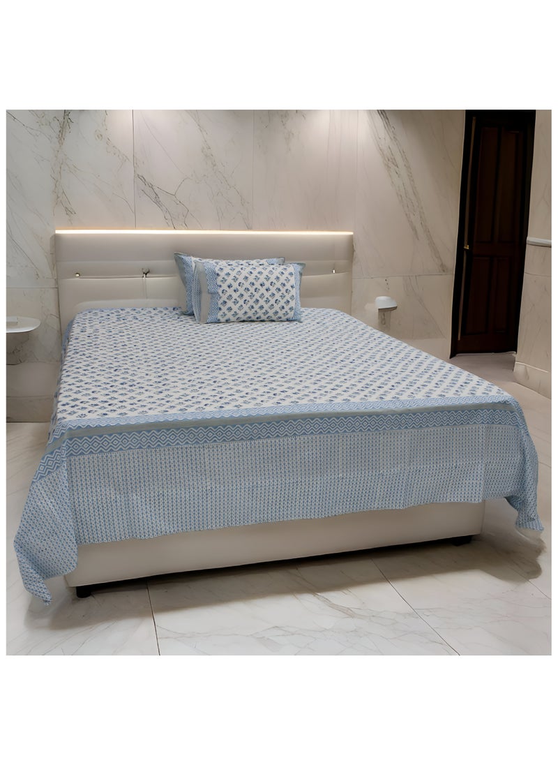 100% Cotton Jaipuri Handblock Print Double Bed Sheet with 2 Pillow Covers Premium Quality, Soft, Breathable, Skin-Friendly & Comfortable Bedding Set (POPLIN BLUE 1)