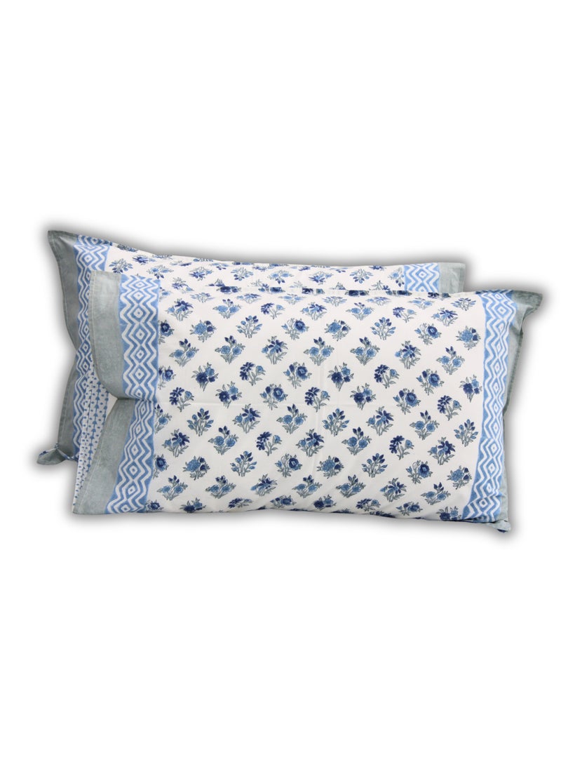 100% Cotton Jaipuri Handblock Print Double Bed Sheet with 2 Pillow Covers Premium Quality, Soft, Breathable, Skin-Friendly & Comfortable Bedding Set (POPLIN BLUE 1)