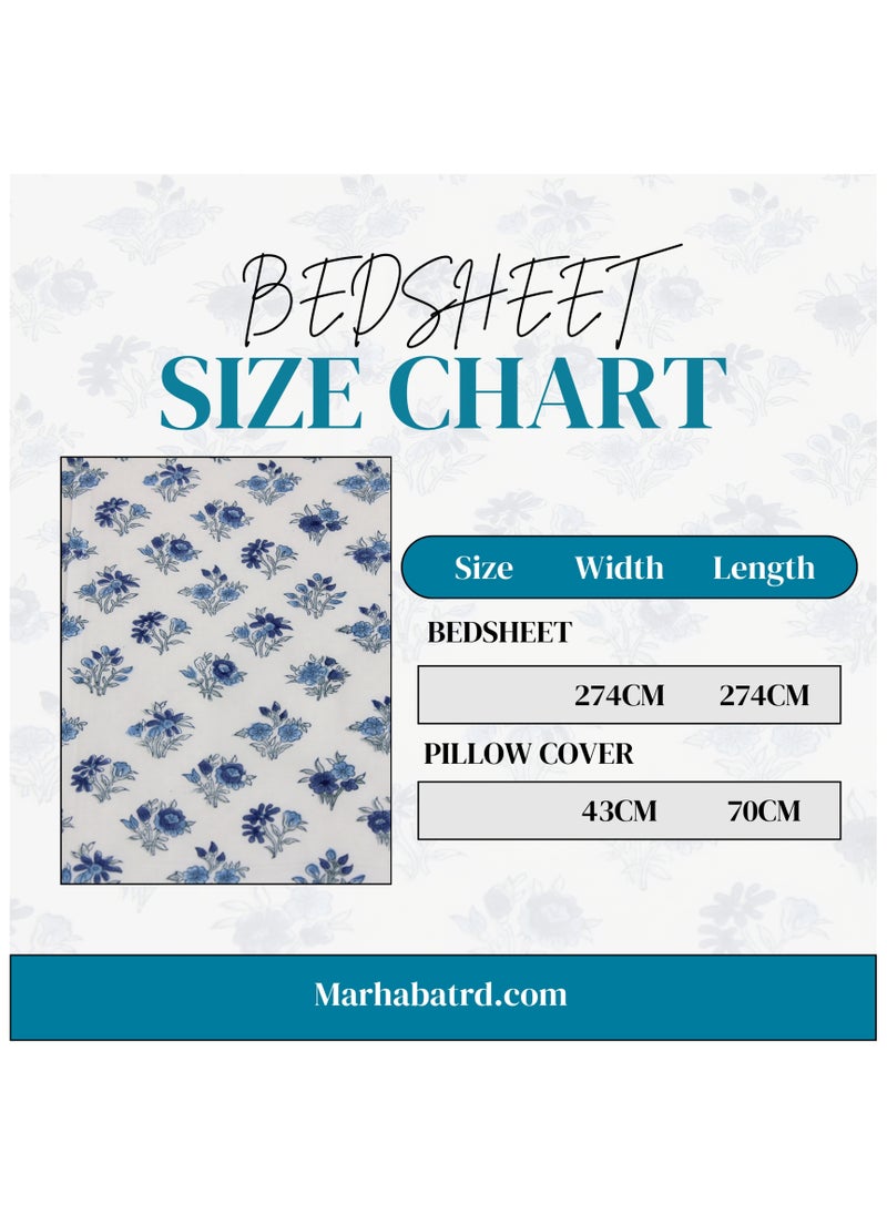 100% Cotton Jaipuri Handblock Print Double Bed Sheet with 2 Pillow Covers Premium Quality, Soft, Breathable, Skin-Friendly & Comfortable Bedding Set (POPLIN BLUE 1)