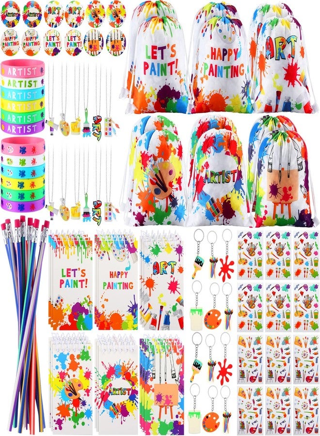 Jenaai 102 Pcs Art Paint Party Favor Supplies Set Back to School Gift Includes 12 Drawstring Backpacks 12 Bracelets 12 Badges 12 Keychains 18 Spiral Notepads 12 Pencils 12 Stickers 12 Necklaces - Image 1