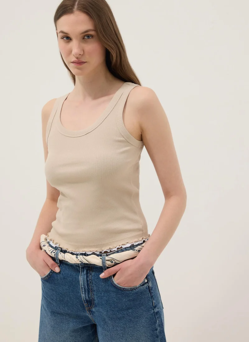 Ovs OVS Beige Pure Cotton Ribbed Vest Top, Regular Fit