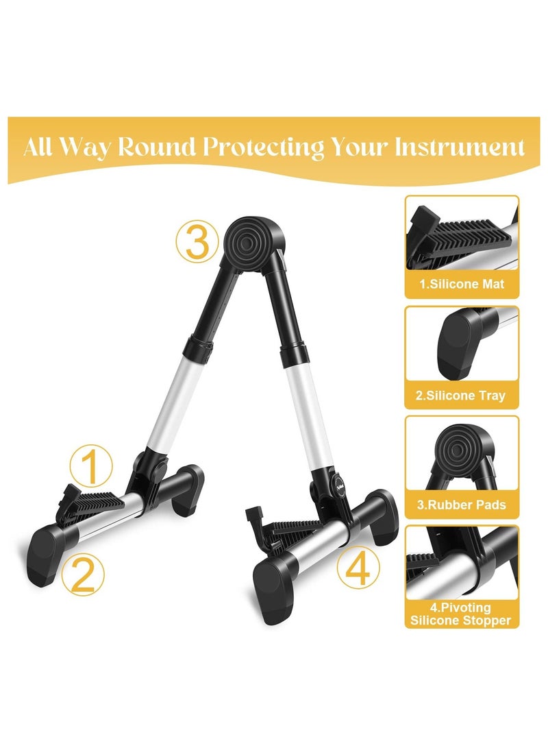 Adjustable Folding Guitar Stand for Electric Ukulele Bass and Classical Guitars Portable Lightweight Holder Silver - Image 2