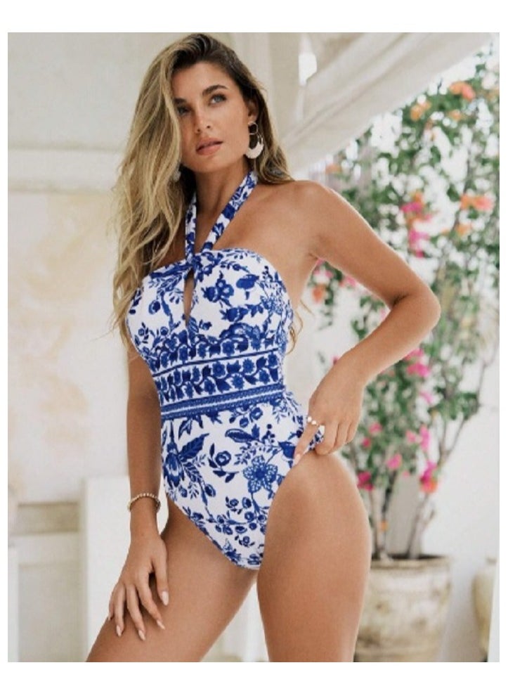 Shein - 1pc Blue Printed One-Piece Swimsuit, - Image 1