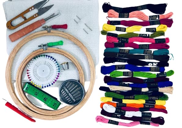 KHUSHA CREATIONS Embroidery Hoop Threads & Materials Starter Kit/Cross Stitch Hand Embroidery Kit/Complete Starter Kit for Beginners/DIY Embroidery kit with 2 Hoops,Threads, Matty Cloth & Tools - Image 1