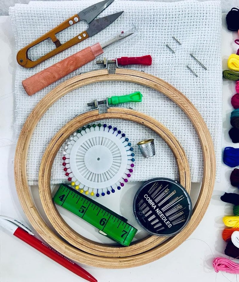 KHUSHA CREATIONS Embroidery Hoop Threads & Materials Starter Kit/Cross Stitch Hand Embroidery Kit/Complete Starter Kit for Beginners/DIY Embroidery kit with 2 Hoops,Threads, Matty Cloth & Tools - Image 2