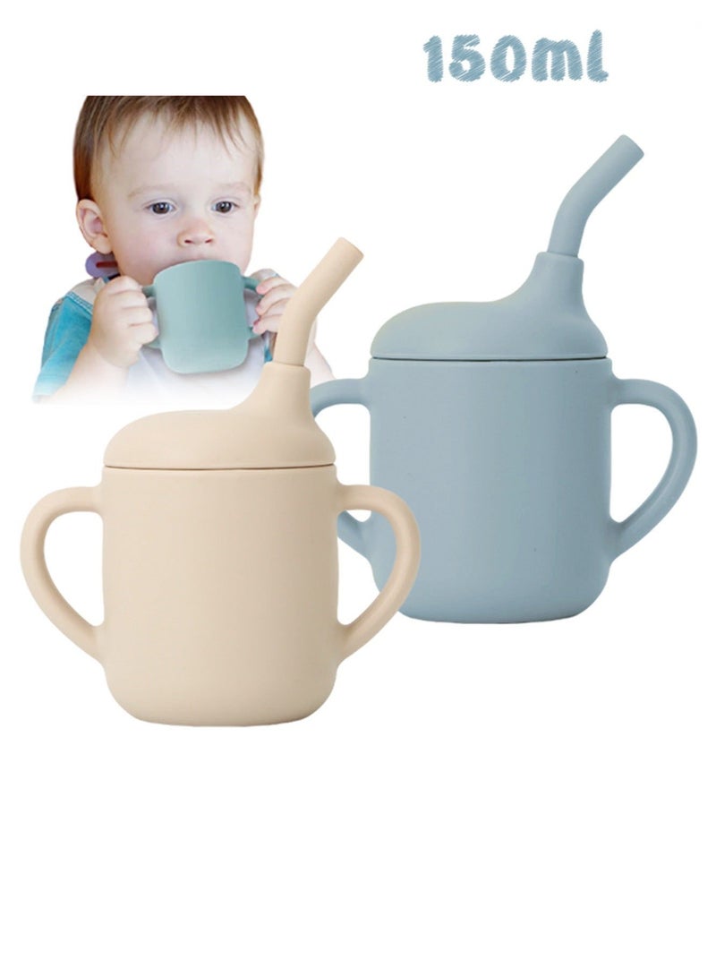 2 Pack 100% Silicone Baby Straw Cups, Toddler Sippy Cup for Babies 6-18 Months, Spill Proof Tiny Drinking Training Cup with Handles u0026 Straw for Baby and Toddler (Blue Grey) - Image 1