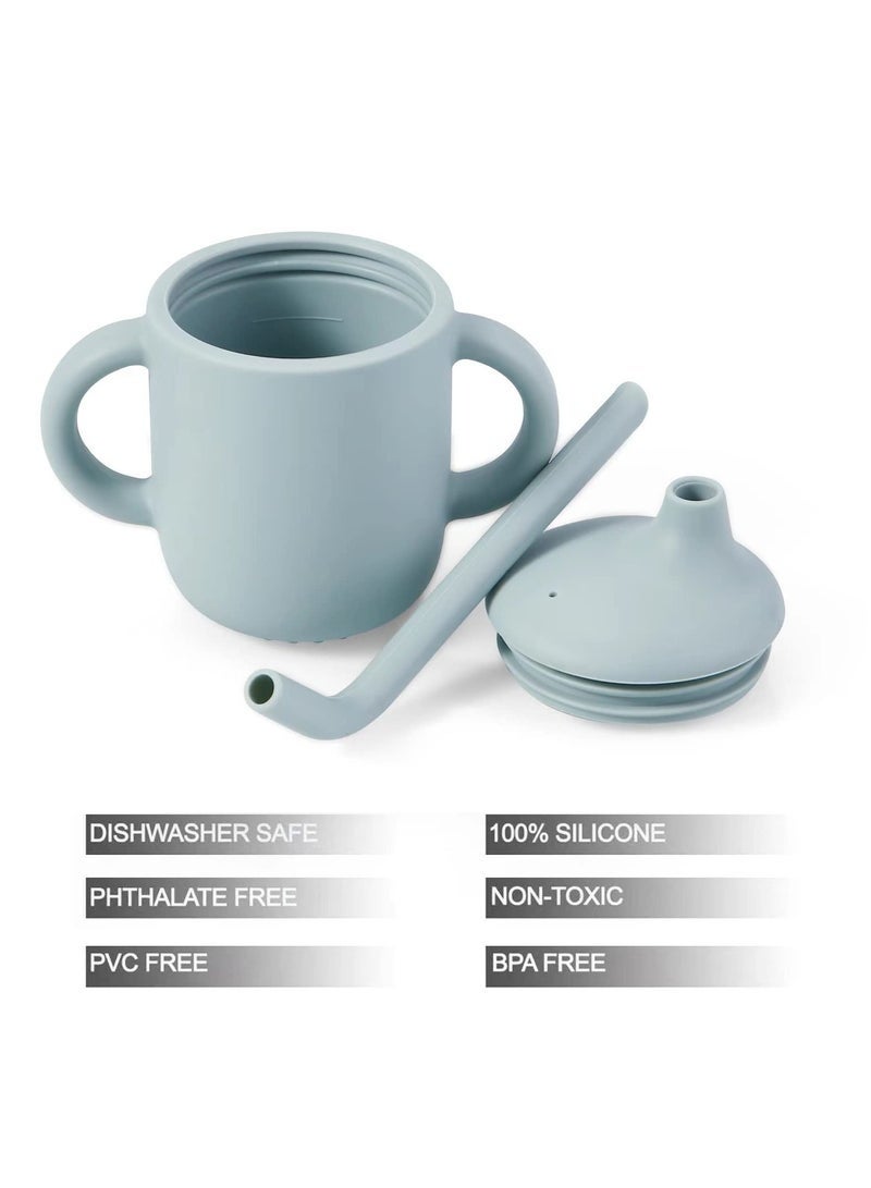 2 Pack 100% Silicone Baby Straw Cups, Toddler Sippy Cup for Babies 6-18 Months, Spill Proof Tiny Drinking Training Cup with Handles u0026 Straw for Baby and Toddler (Blue Grey) - Image 2