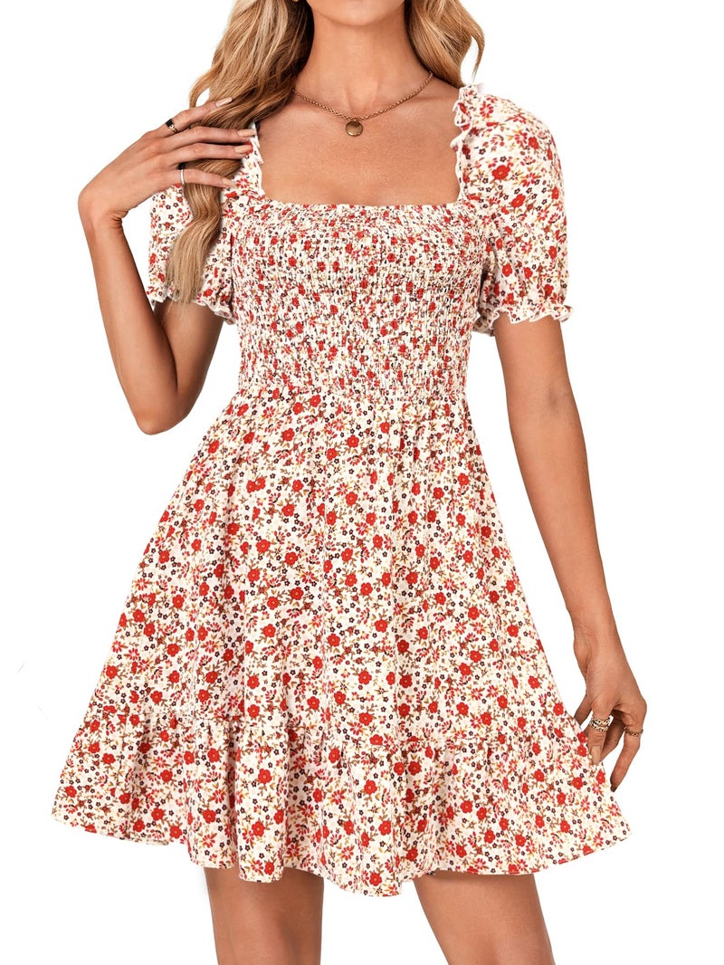 Rooscier Women's Summer Boho Square Neck Floral Print Smocked Ruffle Swing Beach Mini Dress Red Floral Medium - Image 2