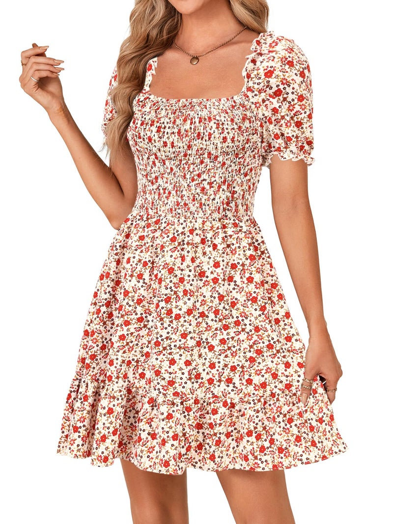 Rooscier Women's Summer Boho Square Neck Floral Print Smocked Ruffle Swing Beach Mini Dress Red Floral Medium - Image 3