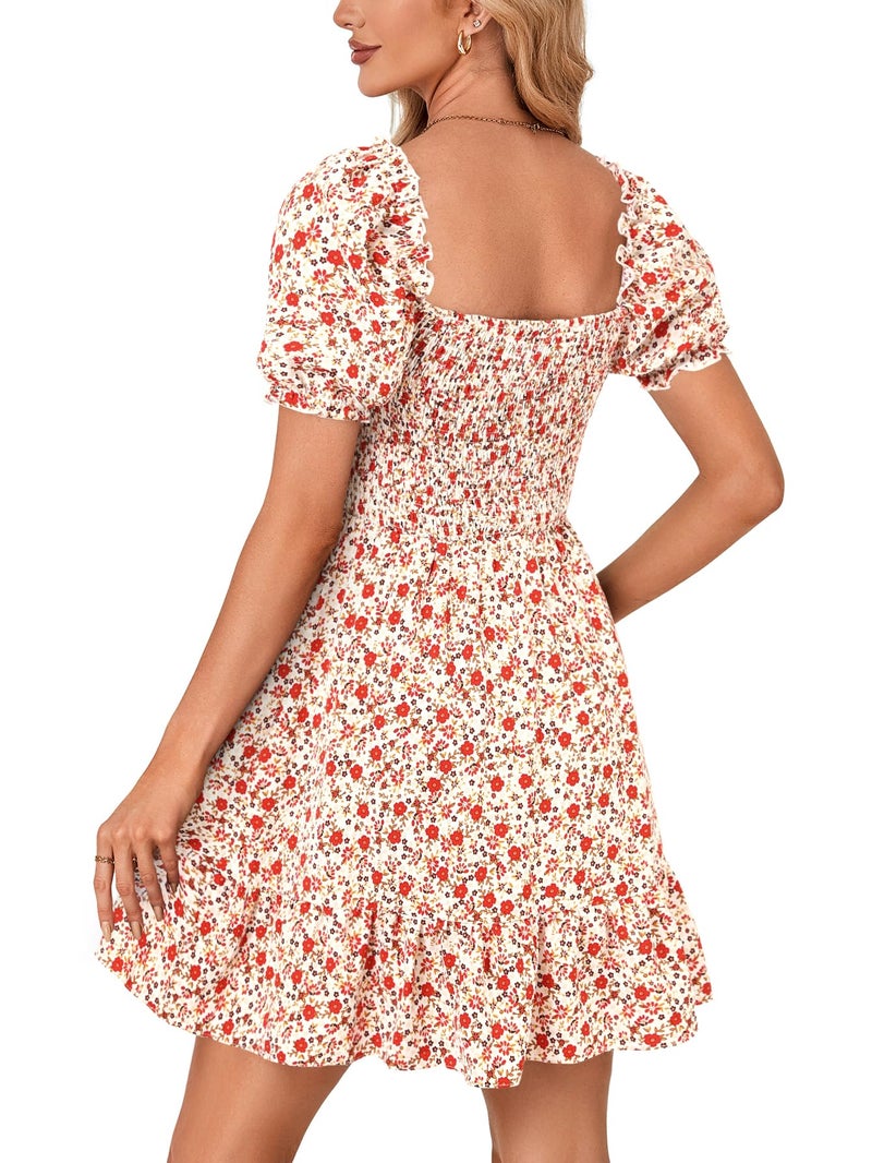 Rooscier Women's Summer Boho Square Neck Floral Print Smocked Ruffle Swing Beach Mini Dress Red Floral Medium - Image 5