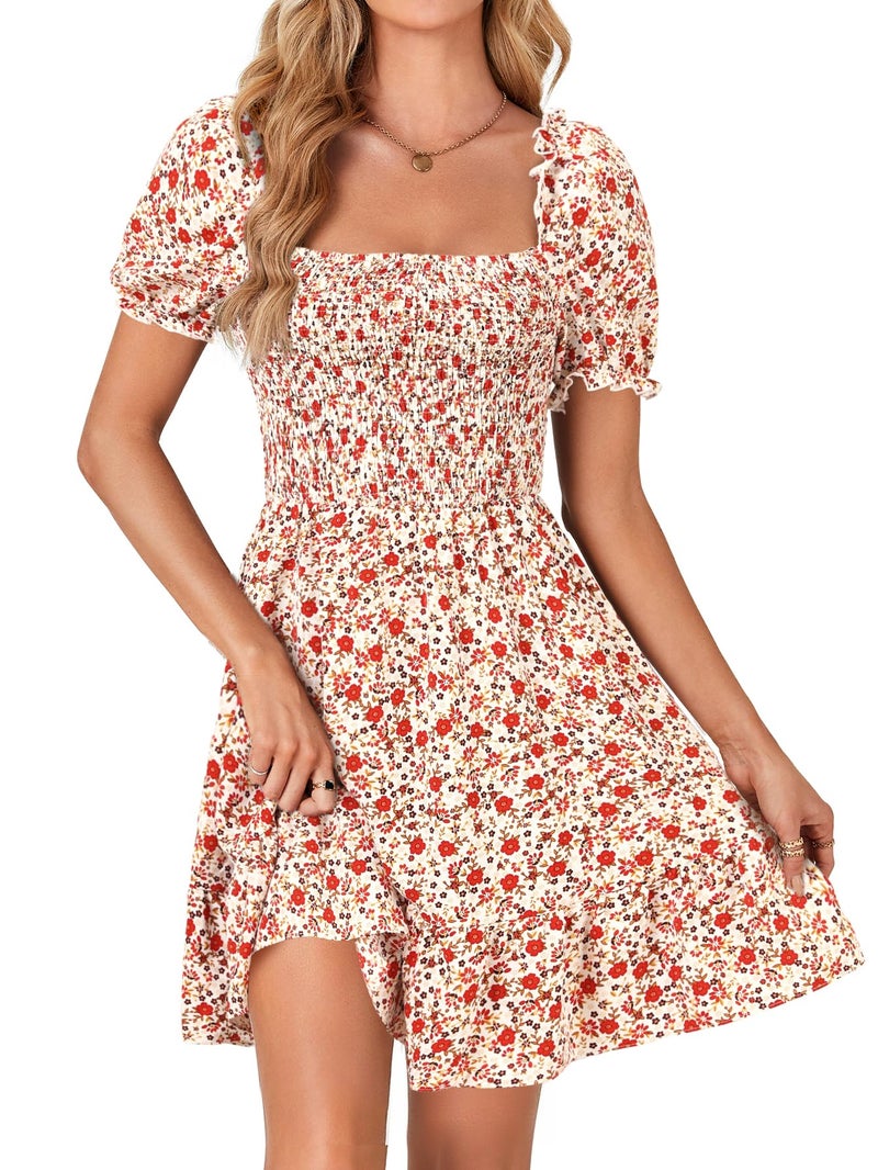 Rooscier Women's Summer Boho Square Neck Floral Print Smocked Ruffle Swing Beach Mini Dress Red Floral Medium - Image 1