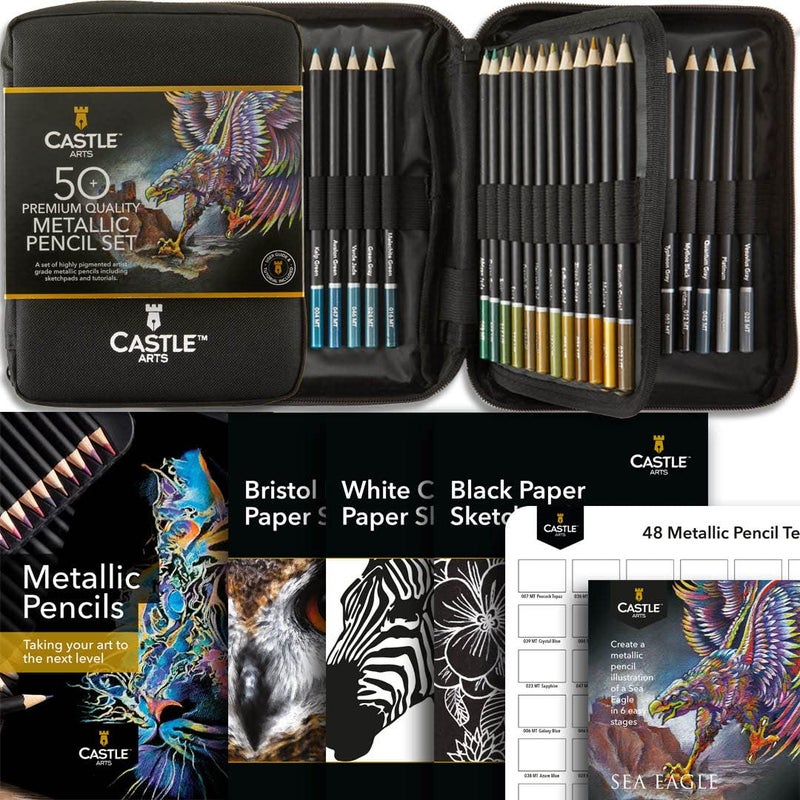 Castle Art Supplies 48 Metallic Colored Pencils Set with Extras | Quality Wax Cores with Shimmering Shades for Professional, Adult Artists, Colorists | in Strong Carry-Anywhere Zipper Case - Image 1
