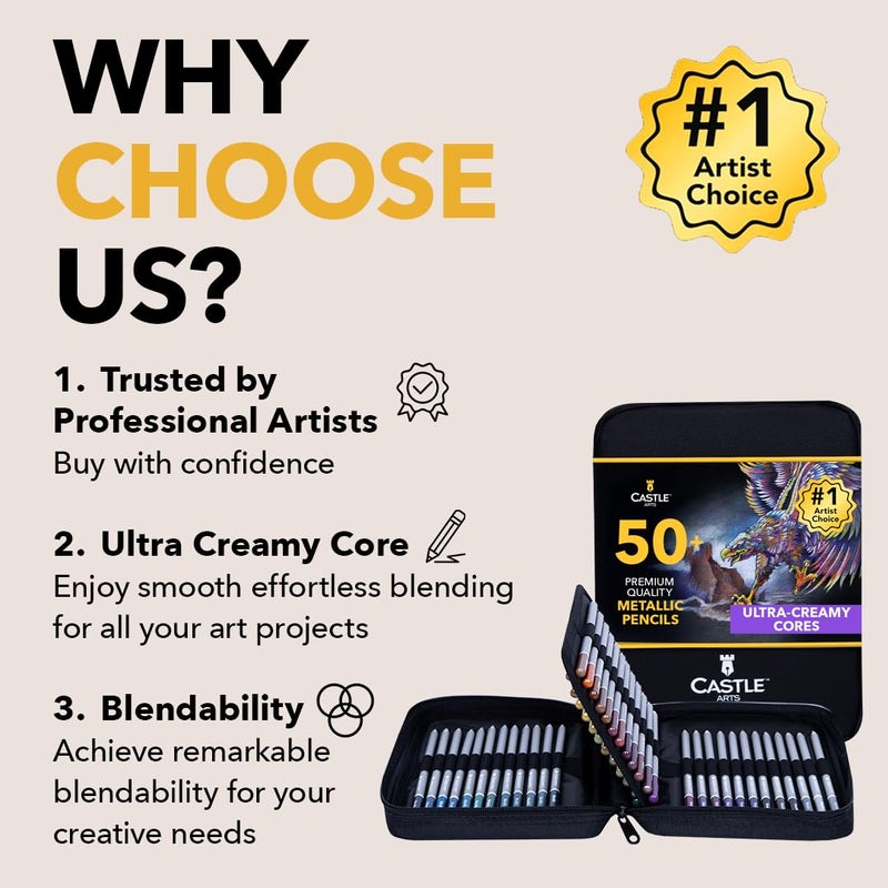 Castle Art Supplies 48 Metallic Colored Pencils Set with Extras | Quality Wax Cores with Shimmering Shades for Professional, Adult Artists, Colorists | in Strong Carry-Anywhere Zipper Case - Image 2