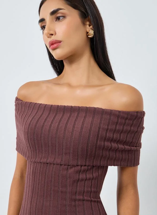 Styli Brown Brown Bardot Neck Ribbed Maxi Dress for Women | Best Price UAE