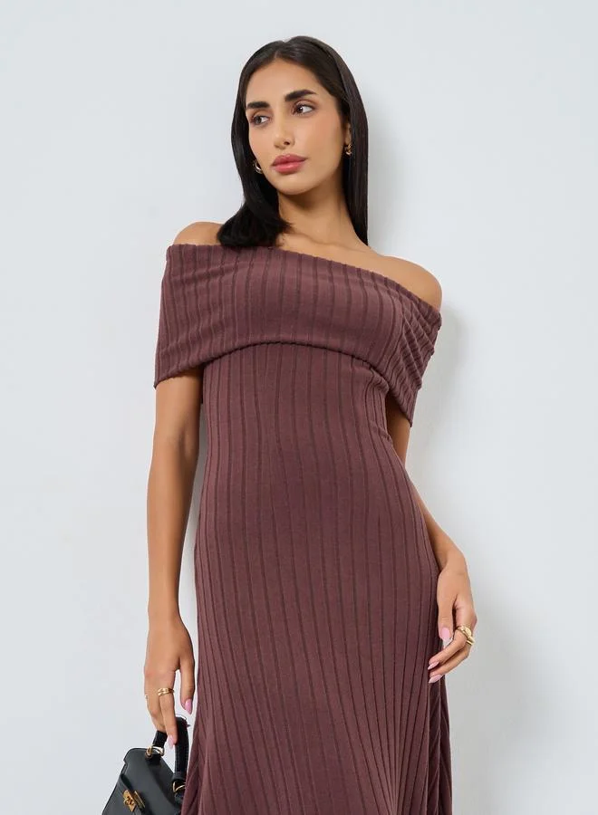 Styli Brown Brown Bardot Neck Ribbed Maxi Dress for Women | Best Price UAE
